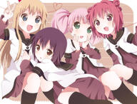 2girls 4_females akaza_akari aqua_eyes black_legwear blonde_hair blue_eyes blush bow brown_eyes d double_bun female funami_yui green_eyes hair_bobbles hair_bow hair_bun hair_intakes hair_ornament knee_highs kumakichi_(toshigat) long_hair long_sleeves looking_at_viewer mature multiple_females nanamori_school_uniform open_mouth pink_hair purple_eyes purple_hair red_hair safe sailor_uniform school_uniform short_hair short_over_long_sleeves short_sleeves sitting skirt smile tied_hair toshinou_kyouko twintails uniform v yoshikawa_chinatsu yuru_yuri // 1044x792 // 485.9KB