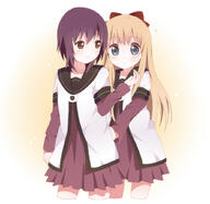 2girls blue_eyes blue_hair brown_eyes brown_hair female kumakichi_(toshigat) long_hair long_sleeves multiple_females nanamori_school_uniform safe short_over_long_sleeves smile yuru_yuri // 1030x1004 // 313.6KB