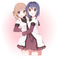 2girls annoyed blonde_hair blue_hair blush braid breast_press breasts brown_eyes cowboy_shot female furutani_himawari hairband hug kumakichi_(toshigat) long_sleeves looking_at_viewer mature medium_breasts multiple_females nanamori_school_uniform o oomuro_sakurako open_mouth safe sailor_uniform school_uniform short_over_long_sleeves twin_braids uniform yuru_yuri // 818x812 // 210.3KB