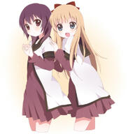 2girls bad_id black_hair blonde_hair blue_eyes bow d female funami_yui hair_bow kumakichi_(toshigat) long_hair looking_at_viewer mature multiple_females nanamori_school_uniform open_mouth safe sailor_uniform school_uniform short_hair smile toshinou_kyouko uniform yuru_yuri // 747x785 // 205.5KB