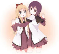 2girls >o bad_id black_hair blonde_hair bow cowboy_shot female funami_yui hair_bow hand_holding interlocked_fingers kumakichi_(toshigat) long_hair long_sleeves looking_at_viewer mature multiple_females nanamori_school_uniform o open_mouth safe sailor_uniform school_uniform short_hair short_over_long_sleeves toshinou_kyouko uniform v-shaped_eyebrows yuru_yuri // 854x774 // 219.2KB