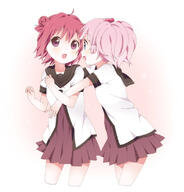 2_females akaza_akari double_bun female hug kumakichi_(toshigat) multiple_females nanamori_school_uniform pink_hair red_hair safe sailor_uniform school_uniform short_hair tied_hair twintails uniform yoshikawa_chinatsu yuru_yuri // 787x823 // 219.0KB