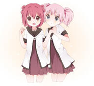 2girls akaza_akari blue_eyes d female hair_bobbles hair_intakes hair_ornament hand_holding kumakichi_(toshigat) looking_at_viewer mature multiple_females nanamori_school_uniform open_mouth pink_hair pleated_skirt purple_eyes red_hair safe sailor_uniform school_uniform simple_background skirt smile tied_hair twintails uniform white_background yoshikawa_chinatsu yuru_yuri // 819x746 // 231.2KB