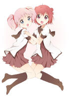 2girls akaza_akari bad_id bad_pixiv_id black_legwear blue_eyes d double_bun female hair_bobbles hair_bun hair_ornament jumping knee_highs kumakichi_(toshigat) looking_at_viewer mature multiple_females nanamori_school_uniform open_mouth pink_hair purple_eyes red_hair safe sailor_uniform school_uniform smile tied_hair twintails uniform yoshikawa_chinatsu yuru_yuri // 763x1051 // 284.9KB