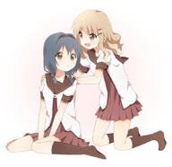 2_females black_legwear blonde_hair blue_hair braid brown_eyes d fangs female furutani_himawari hair_ornament hairband hairclip hands_on_shoulders knee_highs kumakichi_(toshigat) multiple_females nanamori_school_uniform oomuro_sakurako open_mouth safe sailor_uniform school_uniform simple_background sitting smile twin_braids uniform v_arms wariza white_background yuru_yuri // 1044x1014 // 323.7KB