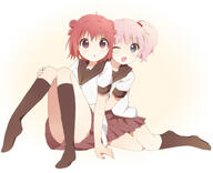 2girls akaza_akari bad_id bad_pixiv_id black_legwear blue_eyes double_bun female hair_bobbles hair_bun hair_ornament hug hug_from_behind kumakichi_(toshigat) multiple_females nanamori_school_uniform no_shoes o one_eye_closed open_mouth pink_hair purple_eyes red_hair safe sailor_uniform school_uniform short_hair short_sleeves sitting skirt socks tied_hair twintails uniform wink yoshikawa_chinatsu yuru_yuri // 941x765 // 208.9KB