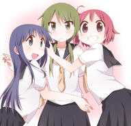 3girls bad_pixiv_id blue_eyes blush d female green_eyes green_hair hinata_yukari hug ichii_yui kumakichi_(toshigat) looking_at_viewer multiple_females nonohara_yuzuko open_mouth pink_hair pleated_skirt purple_eyes purple_hair school_uniform_(yuyushiki) skirt smile teeth yuyushiki // 727x697 // 280.6KB