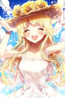 1_female ^_^ arms_up bang_dream! blue_sky brown_headwear cloudy_sky day dress facing_viewer female hands_on_headwear hat hat_flower headwear medium_breasts outdoors safebooru sky sleeveless_dress sleeveless_outfit straw_hat sunflower taya taya_5323203 tsurumaki_kokoro white_dress yellow_flower // 1181x1771 // 507.5KB