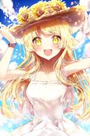 1_female arms_up bang_dream! blue_sky brown_headwear cloudy_sky day dress female hands_on_headwear hat hat_flower headwear medium_breasts outdoors safebooru sky sleeveless_dress sleeveless_outfit straw_hat sunflower taya taya_5323203 tsurumaki_kokoro white_dress yellow_flower // 1181x1771 // 510.6KB