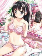 1_female bangs bare_shoulders basket black_eyes black_hair blue_bra blue_panties blue_underwear bow bow_bra bow_panties bra bra_removed breasts cleavage closed_mouth collarbone curtains dengeki_moeoh dengeki_moeou eyebrows eyebrows_visible_through_hair female floral_print flower_basket fujima_takuya groin hair_bow hair_ornament hair_tie hands_up high_resolution highres holding holding_bra knee_highs kneeling lace lace-trimmed_bra lingerie looking_at_viewer male mature medium_breasts midriff mirror multiple_panties original panties panties_removed pink_bra pink_lips pink_panties plaid plaid_bra plaid_panties plant polka_dot polka_dot_bra polka_dot_panties reflection safe side-tie_panties sitting smile solo stomach striped_panties striped_pattern tied_hair topless tree twintails underwear underwear_only vertical-striped_panties vertical_stripes wariza white_legwear window // 1236x1656 // 1.5MB