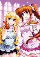 00s 10s 2girls absurd_resolution apron art asymmetrical_hair bardiche blonde_hair blush bottle brown_hair character_name d fate_testarossa female food frills fujima_takuya hand_holding high_resolution holding holding_bottle holding_plate indoors interlocked_fingers ketchup large_filesize long_hair looking_at_viewer lyrical_nanoha mahou_shoujo_lyrical_nanoha mahou_shoujo_lyrical_nanoha_strikers mahou_shoujo_lyrical_nanoha_vivid multiple_females official_art omelet omurice open_mouth plate polka_dot ponytail purple_eyes raising_heart red_eyes safe scan side_ponytail skirt sleeveless_outfit smile standing takamachi_nanoha thigh-highs thighs tied_hair very_high_resolution very_long_hair yuri zettai_ryouiki // 3504x4888 // 5.1MB