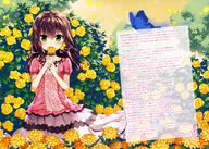 1_female absurd_resolution brown_hair collarbone dress female field flower flower_field fujima_takuya green_eyes hair_bobbles hair_ornament hair_ribbon high_resolution holding long_hair looking_at_viewer original ribbon scan solo tagme very_high_resolution vividgarden white_ribbon yellow_flower // 5744x4093 // 3.7MB