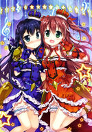 2girls absurd_resolution absurdres anklet blue_dress blue_eyes blue_gloves blue_hair bow bowtie bracelet braid breasts brown_hair choker cleavage crown dress duo eyebrows eyebrows_visible_through_hair female footwear fujima_takuya garter gloves green_eyes hair_between_eyes hair_ornament hair_ribbon heels high_heels high_resolution jewelry long_hair looking_at_viewer matching_outfit medium_breasts mini_crown multiple_females music musical_note one_leg_raised open_mouth original red_bow_ornament red_dress red_gloves red_ribbon ribbon safe scan shoes small_breasts star star_(symbol) tagme thigh_strap tied_hair two_side_up very_high_resolution vividgarden w yande.re // 2867x4093 // 2.0MB