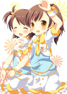 2_females bad_id blush brown_eyes brown_hair eyes_closed female futami_ami futami_mami heart idolmaster idolmaster_(classic) kumakichi_(toshigat) loli multiple_females open_mouth ponytail short_hair siblings side_ponytail sisters smile tied_hair twins // 770x1069 // 538.2KB