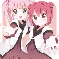 2girls akaza_akari bad_id bad_pixiv_id blue_eyes d double_bun female hair_bobbles hair_bun hair_intakes hair_ornament kumakichi_(toshigat) long_sleeves looking_at_viewer mature multiple_females nanamori_school_uniform open_mouth pink_hair purple_eyes red_hair safe sailor_uniform school_uniform short_over_long_sleeves short_sleeves smile tied_hair twintails uniform v w yoshikawa_chinatsu yuru_yuri // 709x709 // 274.4KB