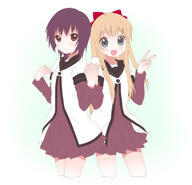 2_females bad_id blonde_hair blue_eyes bow brown_eyes female hair_bow interlocked_fingers kumakichi_(toshigat) long_hair looking_at_viewer mature multiple_females nanamori_school_uniform open_mouth safe v yuru_yuri // 803x773 // 188.5KB