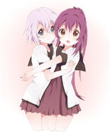 2girls bad_pixiv_id blue_eyes eyewear female glasses hug ikeda_chitose kumakichi_(toshigat) multiple_females nanamori_school_uniform open_mouth ponytail purple_eyes purple_hair safe sailor_uniform school_uniform short_hair silver_hair smile sugiura_ayano tied_hair uniform yuru_yuri // 653x810 // 192.8KB