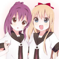 2girls bad_pixiv_id blonde_hair blue_eyes bow brown_eyes d female hair_bow hair_intakes kumakichi_(toshigat) multiple_females nanamori_school_uniform open_mouth purple_hair simple_background smile sugiura_ayano toshinou_kyouko white_background yuru_yuri // 709x709 // 257.2KB