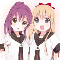 2_females bad_pixiv_id blonde_hair blue_eyes bow brown_eyes d female hair_bow hair_intakes kumakichi_(toshigat) multiple_females nanamori_school_uniform open_mouth purple_hair simple_background smile sugiura_ayano toshinou_kyouko white_background yuru_yuri // 709x709 // 257.2KB