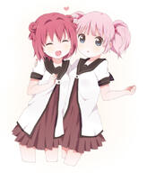 2girls ^_^ akaza_akari blue_eyes clenched_hand d double_bun eyes_closed female hair_bobbles hair_bun hair_intakes hair_ornament heart hug kumakichi_(toshigat) looking_at_viewer mature multiple_females nanamori_school_uniform open_mouth pink_hair red_hair safe sailor_uniform school_uniform smile tied_hair twintails uniform yoshikawa_chinatsu yuru_yuri // 724x847 // 220.9KB