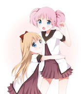 2_females bad_id blonde_hair blue_eyes bow female hair_bobbles hair_bow hair_ornament hug kumakichi_(toshigat) long_hair looking_at_viewer mature multiple_females nanamori_school_uniform open_mouth pink_hair safe tied_hair tongue_out twintails yuru_yuri // 759x879 // 256.2KB