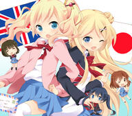 10s 5_females ;d >_o alice_cartelet arm_lock bad_id bad_pixiv_id blonde_hair blue_eyes blush bow copyright_name d eyes_closed female hair_ornament hairclip inokuma_youko japanese_flag kin-iro_mosaic kinmoza komichi_aya kujou_karen kumakichi_(toshigat) letter locked_arms long_hair multiple_females o one_eye_closed oomiya_shinobu open_mouth safe school_uniform short_hair skirt smile thigh-highs tied_hair twintails uniform union_jack wink x_hair_ornament // 935x824 // 696.3KB