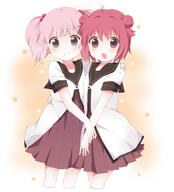 2girls absurd_resolution absurdres ahoge akaza_akari blue_eyes d double_bun female hair_bobbles hair_bun hair_intakes hair_ornament high_resolution hug kumakichi_(toshigat) looking_at_viewer mature multiple_females nanamori_school_uniform open_mouth pink_hair purple_eyes safe sailor_uniform school_uniform smile tied_hair twintails uniform yoshikawa_chinatsu yuru_yuri // 2196x2418 // 2.3MB
