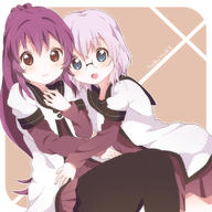 2_females bad_pixiv_id black_legwear blue_eyes copyright_name d eyewear female glasses ikeda_chitose kumakichi_(toshigat) long_sleeves looking_at_viewer mature multiple_females nanamori_school_uniform open_mouth pantyhose purple_eyes purple_hair sailor_uniform school_uniform short_over_long_sleeves silver_hair smile sugiura_ayano uniform yuru_yuri // 788x788 // 290.5KB