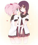 2girls bad_id blue_eyes brown_eyes female hair_bobbles hair_ornament heart kumakichi_(toshigat) multiple_females nanamori_school_uniform pink_hair safe tied_hair twintails yuru_yuri // 759x881 // 241.7KB