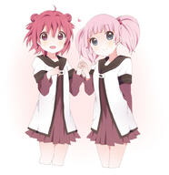 2girls ahoge akaza_akari bad_id bad_pixiv_id blue_eyes double_bun dress female hair_bobbles hair_ornament hand_holding heart interlocked_fingers kumakichi_(toshigat) long_sleeves multiple_females nanamori_school_uniform open_mouth pink_hair purple_dress purple_eyes purple_skirt safe sailor_uniform school_uniform short_over_long_sleeves short_sleeves skirt smile tied_hair twintails uniform yoshikawa_chinatsu yuru_yuri // 908x938 // 275.7KB