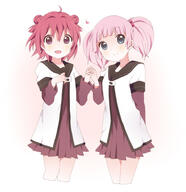 2_females ahoge akaza_akari bad_id bad_pixiv_id blue_eyes double_bun dress female hair_bobbles hair_ornament hand_holding heart interlocked_fingers kumakichi_(toshigat) long_sleeves multiple_females nanamori_school_uniform open_mouth pink_hair purple_dress purple_eyes purple_skirt safe sailor_uniform school_uniform short_over_long_sleeves short_sleeves skirt smile tied_hair twintails uniform yoshikawa_chinatsu yuru_yuri // 908x938 // 275.7KB