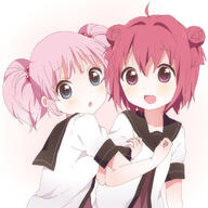 2girls akaza_akari arm_hug bad_id bad_pixiv_id blue_eyes d double_bun female hair_bobbles hair_bun hair_ornament kumakichi_(toshigat) looking_at_viewer multiple_females nanamori_school_uniform open_mouth pink_hair purple_eyes red_hair safe sailor_uniform school_uniform smile tied_hair twintails uniform violet_eyes yoshikawa_chinatsu yuru_yuri // 709x709 // 254.4KB