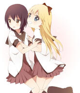 2_females blonde_hair blue_eyes bow brown_eyes female hair_bow kumakichi_(toshigat) long_hair looking_at_viewer looking_away mature multiple_females nanamori_school_uniform open_mouth safe smile socks standing yuru_yuri // 721x841 // 240.5KB