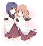 2girls blonde_hair blue_hair braid brown_eyes cowboy_shot female furutani_himawari hair_ornament hairband hairclip high_resolution hug kumakichi_(toshigat) long_hair multiple_females nanamori_school_uniform oomuro_sakurako sailor_uniform school_uniform short_hair short_sleeves standing twin_braids uniform yuru_yuri // 1776x1900 // 1.4MB