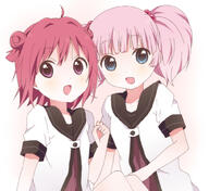 2girls ahoge akaza_akari bad_id bad_pixiv_id blue_eyes d double_bun female hair_bobbles hair_bun hair_intakes hair_ornament kumakichi_(toshigat) looking_at_viewer mature multiple_females nanamori_school_uniform open_mouth pink_hair purple_eyes red_hair safe sailor_uniform school_uniform smile tied_hair twintails uniform yoshikawa_chinatsu yuru_yuri // 1010x925 // 409.6KB