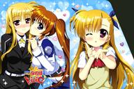 10s 32_aspect_ratio 3_females art blue_eyes blush couple fate_testarossa female fujima_takuya happy kiss looking_at_viewer lyrical_nanoha mahou_shoujo_lyrical_nanoha mahou_shoujo_lyrical_nanoha_vivid military military_uniform multiple_females official_art red_eyes smile takamachi_nanoha takamichi_vivio uniform vivio yuri // 1500x1003 // 387.4KB