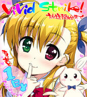 1_female blonde_hair blush blush_stickers bow bowtie closed_mouth copyright_name countdown eyebrows eyebrows_visible_through_hair female finger_to_mouth fujima_takuya green_eyes hair_ornament hair_ribbon heart heart_background heterochromia lips long_hair lyrical_nanoha mahou_shoujo_lyrical_nanoha mahou_shoujo_lyrical_nanoha_vivid red_eyes ribbon sacred_heart safe school_uniform shiny shiny_hair smile speech_bubble stuffed_animal stuffed_bunny stuffed_toy sweater sweater_vest takamichi_vivio two_side_up uniform vivid_strike! vivio // 800x900 // 370.6KB