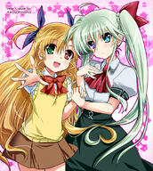 2girls ahoge asymmetrical_hair blonde_hair blue_eyes blue_ribbon bow bowtie brown_skirt cowboy_shot d einhart_stratos eyebrows_visible_through_hair female green_eyes green_hair hair_between_eyes hair_ribbon hand_holding heterochromia high-waist_skirt long_hair long_skirt lyrical_nanoha mahou_shoujo_lyrical_nanoha mahou_shoujo_lyrical_nanoha_vivid miniskirt multiple_females neckerchief open_mouth outstretched_arm pink_background pleated_skirt purple_eyes red_bow_ornament red_bowtie red_eyes red_neckerchief red_neckwear red_ribbon ribbon school_uniform shirt short_sleeves skirt smile st._hilde_academy_of_magic_uniform standing sweater tied_hair twintails two_side_up uniform very_long_hair vivio watermark web_address white_shirt yellow_sweater // 738x823 // 658.4KB