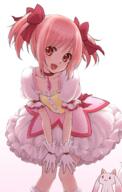 10s 1_female 3 bad_id bubble_skirt choker collarbone d face female gloves hands_on_own_knees head_tilt high_resolution kaname_madoka kyubey leaning leaning_forward looking_at_viewer madoka_magica mahou_shoujo_madoka_magica mature open_mouth pink_eyes pink_hair puffy_sleeves short_hair short_twintails simple_background skirt smile solo tied_hair twintails white_gloves // 890x1400 // 1.1MB