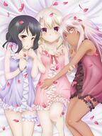 3girls art bed chloe_von_einzbern danbooru dark_skin fate fatekaleid fatekaleid_liner_prisma_illya fatestay_night female frills hair_clip hair_ornament hairclip hiroshi_hiroyama illyasviel_von_einzbern kuro_von_einzbern miyu_edelfelt multiple_females nightgown official_art pink_hair red_eyes safe thigh_strap white_hair // 1082x1440 // 1.5MB