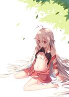 1_female 2429144768 > ahoge barefoot belly blush breasts chiya_(urara_meirochou) closed_mouth clothes_lift collarbone eyebrows_visible_through_hair female hair_flaps high_resolution long_hair mature navel no_bra shirt shirt_lift simple_background sitting sleeveless_outfit solo top_lift underboob urara_meirocho urara_meirochou very_long_hair white_background white_hair // 1110x1550 // 724.6KB