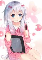 10s 1_female blue_eyes blush bow drawing_tablet eromanga_sensei eyebrows_visible_through_hair female hair_bow high_resolution izumi_sagiri long_hair looking_at_viewer mature nahaki nahaki401 pajamas pink_bow safe silver_hair simple_background sin-poi solo stylus tablet white_background // 1000x1400 // 939.4KB