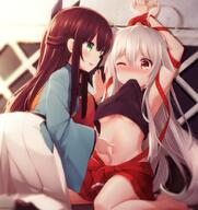 10s 2girls ahoge armpits arms_up bare_legs barefoot bdsm belly belly_poke black_shirt blush bondage bound bound_wrists bow breasts brown_hair chiya_(urara_meirochou) clothes_lift commentary commentary_request fangs feet female female_only green_eyes hair_between_eyes hair_bow hair_ornament hakama half_updo haribote_(tarao) japanese_clothes kneeling legs long_hair looking_at_another mature mouth_hold multiple_females navel one_eye_closed open_mouth red_eyes restrained_by_female restraints ribbon shirt shirt_lift silver_hair sitting small_breasts smile sweat tank_top tatsumi_kon tied_hair top_lift underboob urara_meirocho urara_meirochou very_long_hair wariza wide_sleeves yuri うらら迷路帖10000users入り くわえたくしあげ // 850x900 // 850.3KB