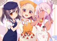 3_females apron ass bandana bangs bell bell_collar black_bra black_hair black_underwear blue_apron blue_hat blush bow bra breasts brown_eyes cake chaldea_uniform character_doll chloe_von_einzbern choker collar commentary_request cosplay crossed_bangs d dark_skin explicit eyebrows_visible_through_hair fate fateextra fategrand_order fatekaleid fatekaleid_liner_prisma_illya female finger_licking fingernails food frilled_apron frills fruit fujimaru_ritsuka_(female) fujimaru_ritsuka_(male) hair_between_eyes hair_clip hair_ornament hair_tie hairclip hairpin half_updo hat headwear hip_focus hips illyasviel_von_einzbern jewelry jingle_bell kuro_von_einzbern licking long_hair looking_at_viewer magical_ruby mature miyu_edelfelt multiple_females name_tag no_panties nsfw one_eye_closed open_mouth orange_apron orange_eyes p_answer pastry_bag paw_print pink_hair print_apron puffy_short_sleeves puffy_sleeves red_bow_ornament red_eyes round_teeth safe sankaku_channel school_uniform shirt short_sleeves sidelocks small_breasts smile spatula strawberry tamamo_(fate)_(all) tamamo_cat_(fate) tamamo_cat_(fate)_(cosplay) tamamo_no_mae_(fate) teeth tied_hair tongue twintails underwear uniform white_apron white_hair white_shirt // 1457x1032 // 1.5MB