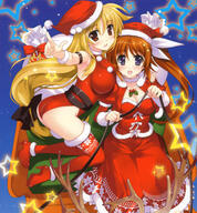 2girls art ass bag blonde_hair blush breasts brown_hair canon christmas cleavage couple fate_testarossa female footwear fujima_takuya hair_ornament hand_on_another's_shoulder happy hat heels high_heels kneeling large_breasts legwear long_hair looking_at_viewer lyrical_nanoha mahou_shoujo_lyrical_nanoha mahou_shoujo_lyrical_nanoha_vivid multiple_females official official_art pointing ponytail purple_eyes red_eyes ribbon sack santa_hat side_ponytail sitting sleigh smile star stars stockings takamachi_nanoha thigh-highs thighs tied_hair very_long_hair yuri // 1275x1374 // 1.1MB