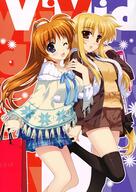 2girls art black_legwear blonde_hair blush breasts brown_hair canon couple date fate_testarossa female fujima_takuya happy legwear linked_arms lyrical_nanoha mahou_shoujo_lyrical_nanoha mahou_shoujo_lyrical_nanoha_vivid mature multiple_females official official_art one_eye_closed open_mouth purple_eyes red_eyes shopping shopping_bag skirt smile stockings surprised takamachi_nanoha thigh-highs thighs wink yuri // 679x960 // 863.0KB