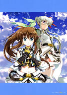 2girls absurd_resolution absurdres ahoge aqua_eyes armor art belt black_gloves black_leotard black_shirt black_stripes blue_eyes blue_sky bow braid breasts brown_hair clenched_hand cloud cloudy_sky collared_jacket crop_top day elbow_gloves english eyebrows_visible_through_hair female fingerless_gloves framed_image french_braid fujima_takuya gloves green_hair green_jacket green_ribbon green_skirt hair_between_eyes hair_bow hair_ornament hair_ribbon hairclip heterochromia high_resolution highres jacket leotard looking_at_viewer lyrical_nanoha magical_girl mahou_shoujo_lyrical_nanoha mature medium_breasts midriff multiple_females official_art outdoors overskirt page_number planet pleated_skirt ponytail purple_eyes red_bow_ornament ribbon safe scan shirt single_stripe skirt sky sleeveless_jacket sleeveless_outfit sleeveless_shirt standing text thigh-highs tied_hair twintails vivid_strike! white_gloves white_jacket white_legwear yellow_hairclip // 2871x4097 // 1.5MB