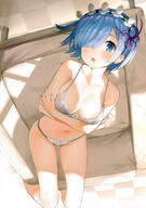 10s 1_female absurd_resolution absurdres armchair artbook bangs bare_arms bare_shoulders blue_eyes blue_hair blunt_bangs blush bra breasts chair checkered checkered_floor cover cover_page crossed_arms day doujin_cover female from_above grey_bra grey_panties groin hair_ornament hair_over_one_eye hair_ribbon hairband highres indoors lace-trimmed_bra lingerie lolita_hairband lying macaron_taitei maid_headdress male matsui_hiroaki mature medium_breasts o on_back panties purple_ribbon rem ribbon safe sankaku_channel scan shiny shiny_hair short_hair solo stomach sunlight tareme_eyes thighs underwear underwear_only upside_down very_high_resolution viewed_from_above x_hair_ornament zero_kara_hajimeru_isekai_seikatsu // 4236x6021 // 4.5MB
