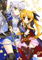 10s 2girls absurd_resolution absurdres ahoge axe belt blonde_hair blush boots breasts buckle bustier cape cleavage creator_connection crossover denim denim_shorts dog_days fate_testarossa faulds female fingerless_gloves footwear fujima_takuya gauntlets gloves hair_ribbon hand_on_shoulder high_resolution leonmitchelli_galette_des_rois leotard long_hair lyrical_nanoha mahou_shoujo_lyrical_nanoha mahou_shoujo_lyrical_nanoha_a's mahou_shoujo_lyrical_nanoha_the_movie_2nd_a's mature medium_breasts multiple_females navel red_eyes ribbon safe scan shorts silver_hair skirt smile star thigh-highs tied_hair twintails weapon yellow_eyes // 2460x3500 // 8.0MB