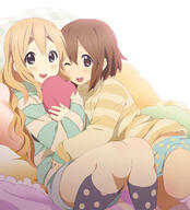 2girls ;d blonde_hair blue_eyes blue_hair blush brown_eyes brown_hair casual cushion d female heart hirasawa_yui hug k-on! kisuke_(akutamu) knee_highs kotobuki_tsumugi long_hair multiple_females one_eye_closed open_mouth pillow pillow_hug polka_dot polka_dot_legwear round_teeth safe shirt short_hair smile socks striped_pattern striped_shirt tainaka_ritsu teeth wink yuri // 670x740 // 262.6KB
